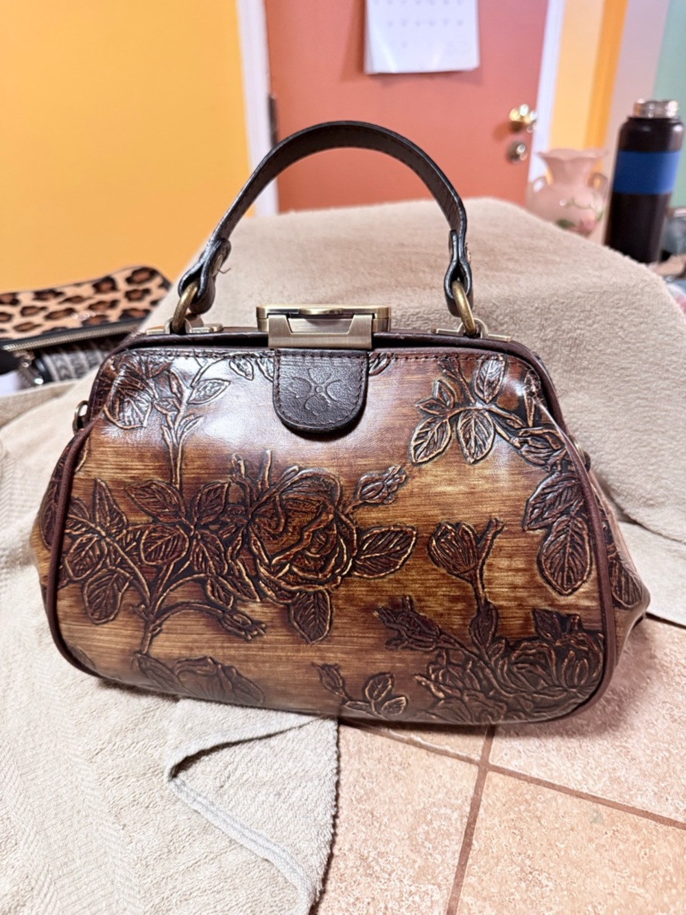 Vintage Patricia Nash Embossed Floral Leather Satchel in Brown